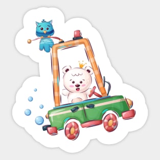 Bear driving a car with an Owl on top Sticker